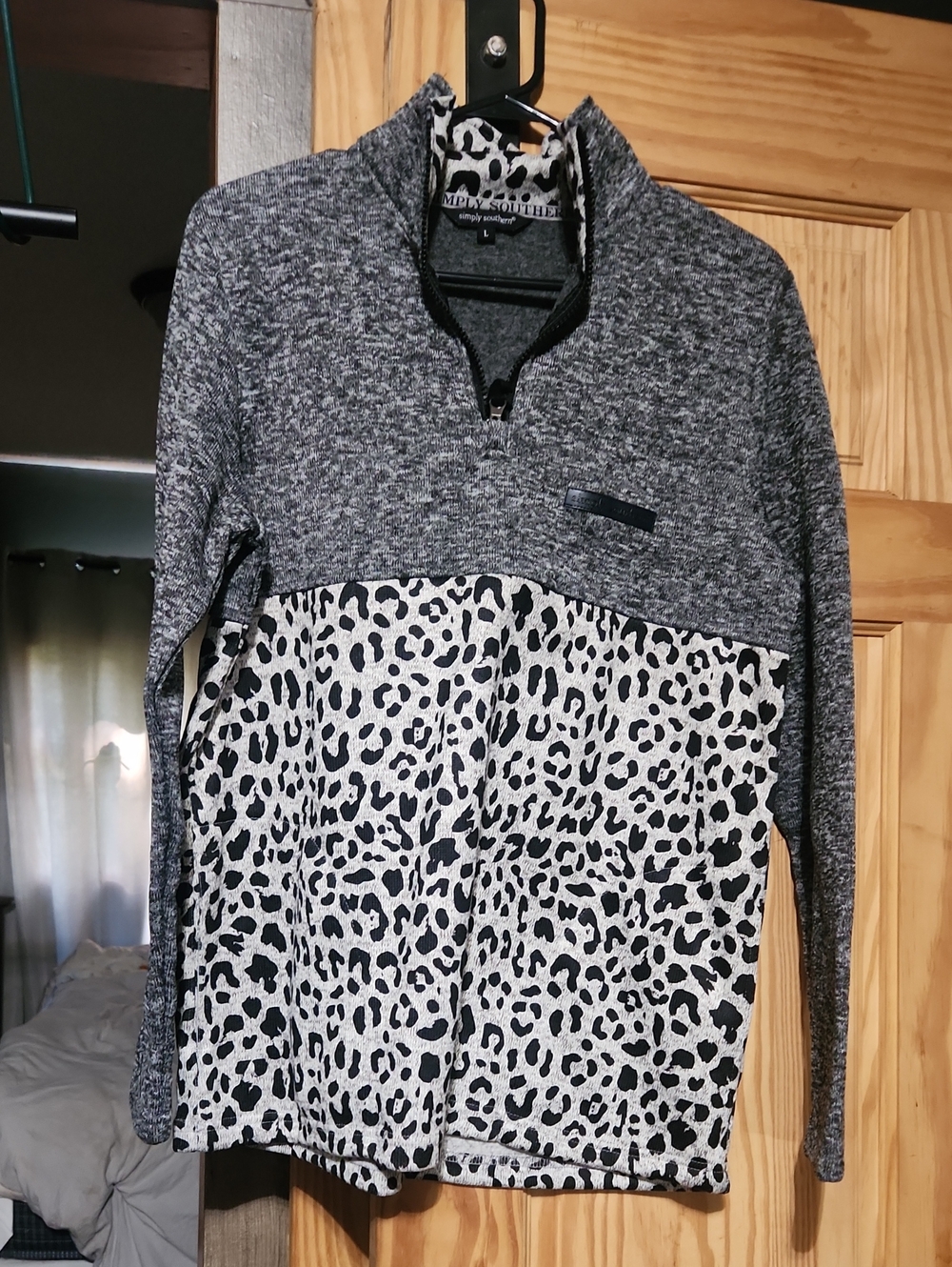 Simply Southern Gray and Black Leopard Quarter-Zip Pullover